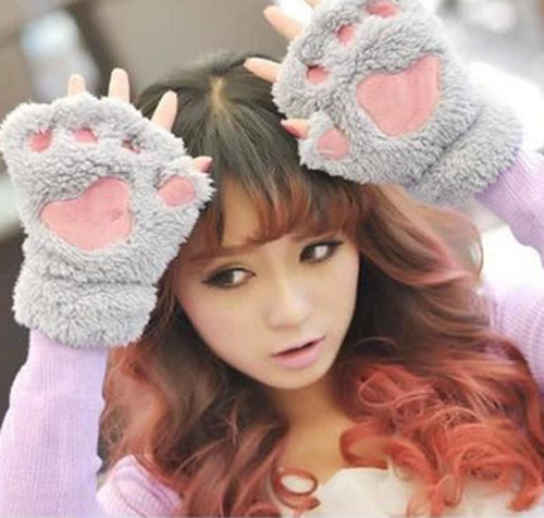 New Arrival 1 Pair New Women Lady Girl Winter Warm Paw Gloves Fingerless Fluffy Bear Cat Plush Paw Glove Mittens